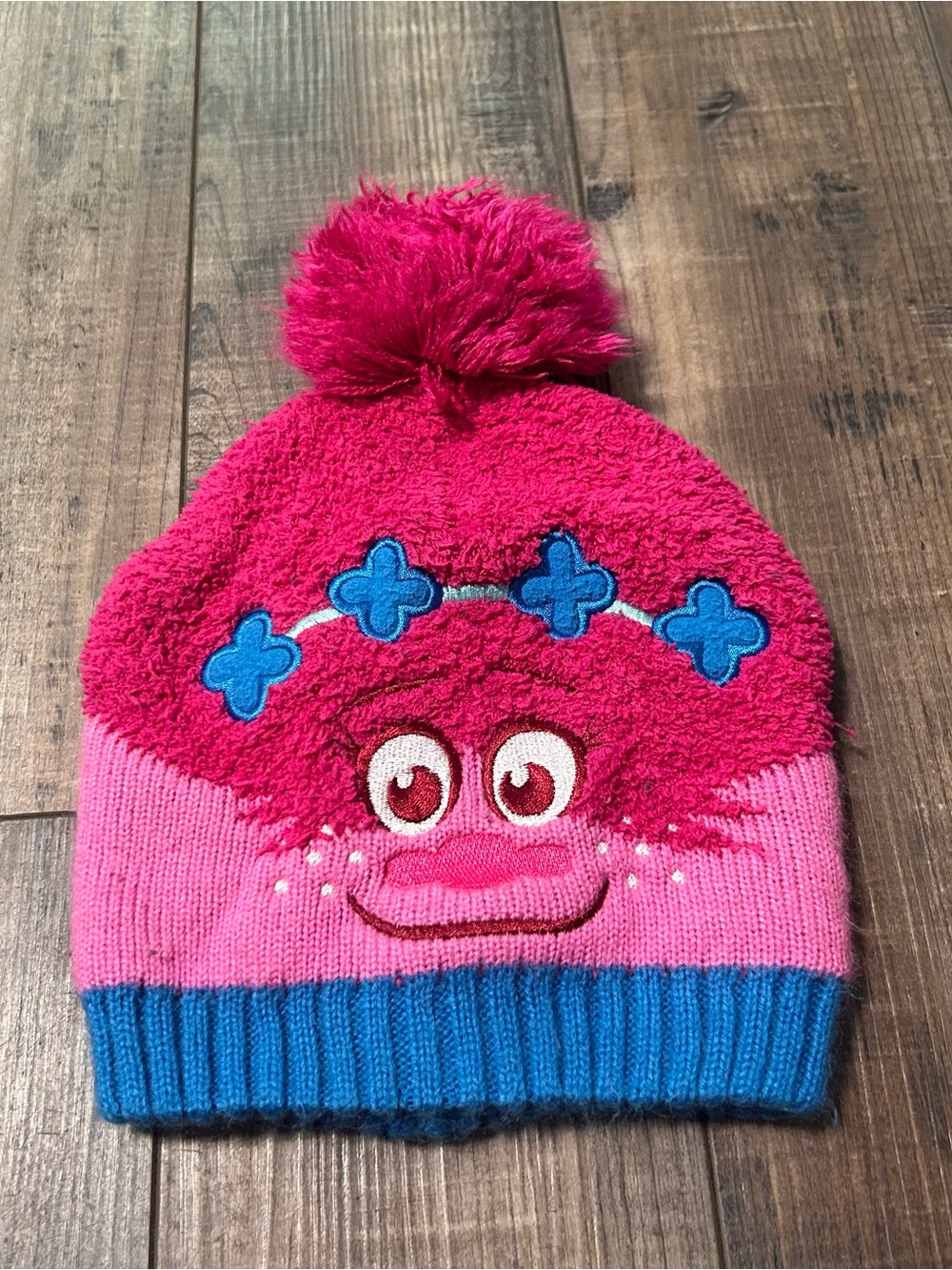 Trolls Pink Poppy Beanie Hat Size 2T-4T Cute Embroidered Face Fluff Ball